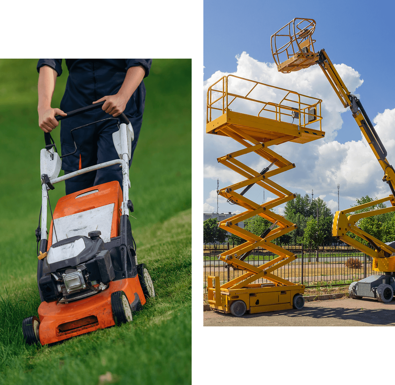 Person mowing grass with an orange mower on the left; two yellow scissor lifts parked on the right under a cloudy sky.
