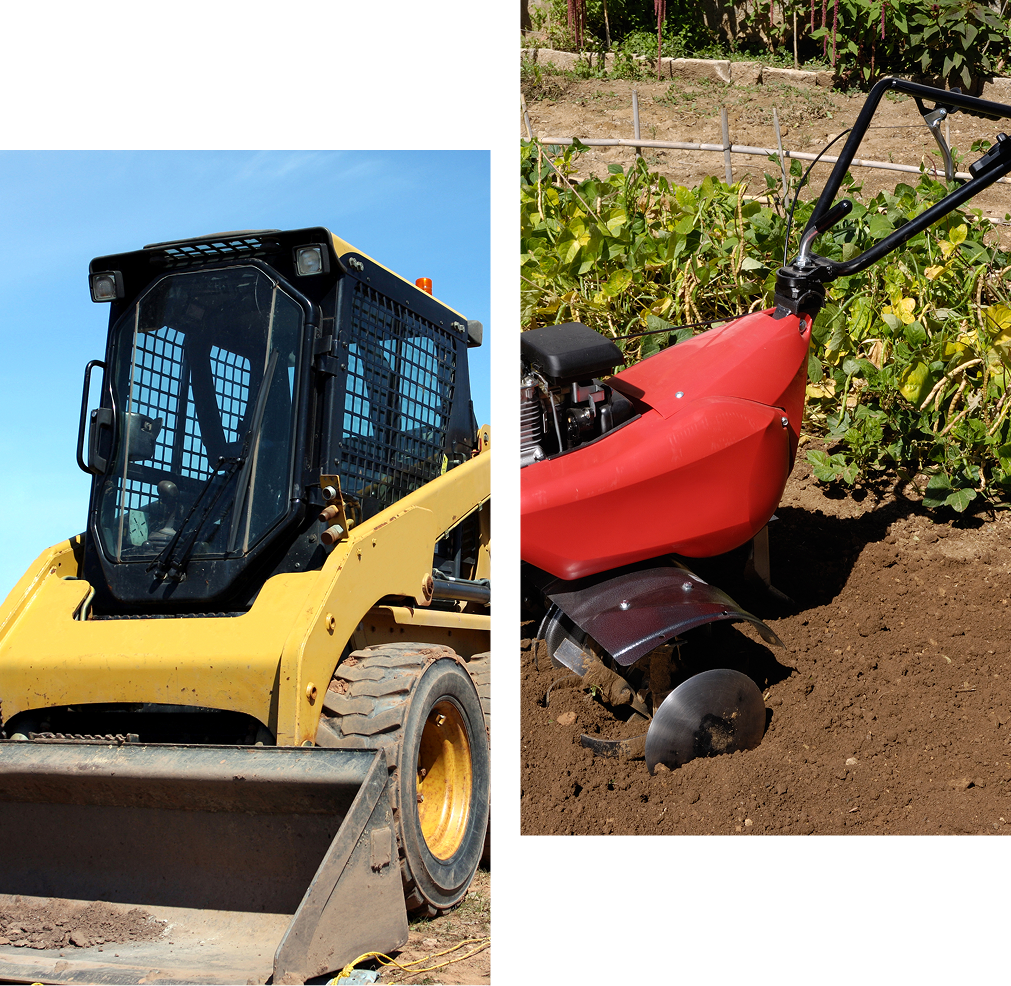 A yellow tractor and red lawn mower in the dirt.