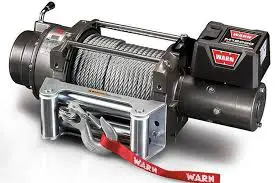 A winch is shown with a red handle.