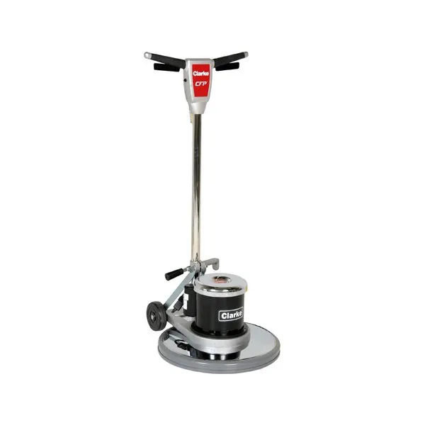 A floor buffer machine with a black and red handle.