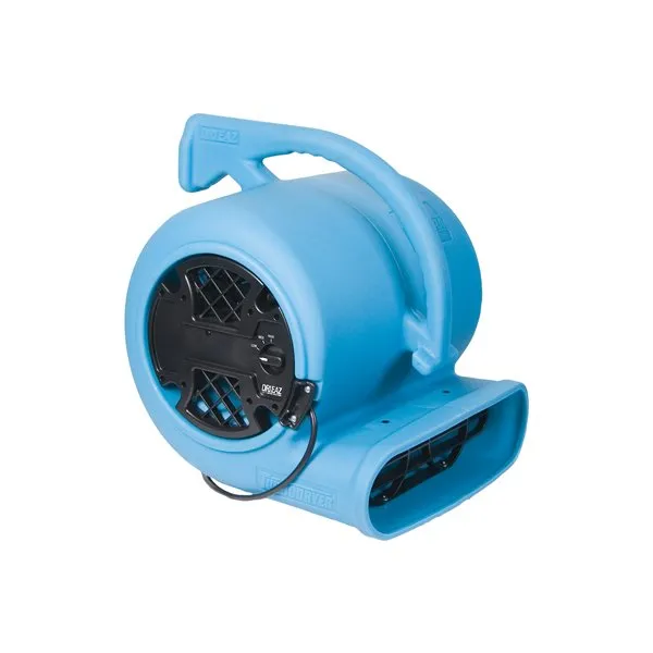 A blue air mover is sitting on the ground.