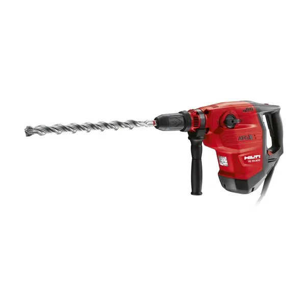 A red and black hammer with a long handle.