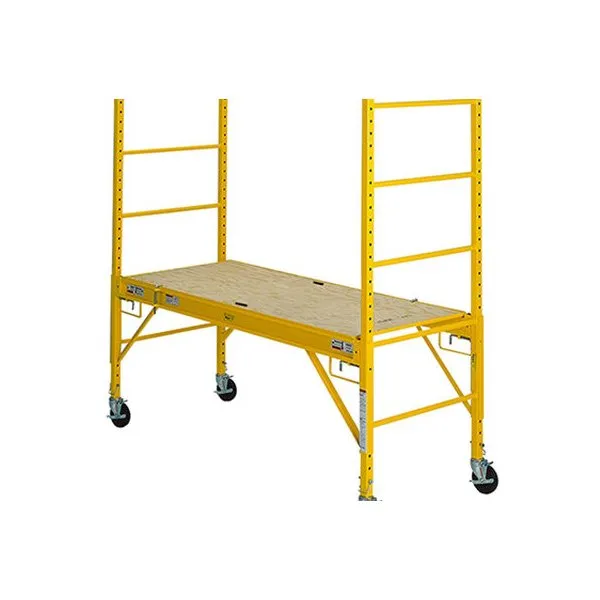 A yellow scaffolding with wheels and wooden platform.