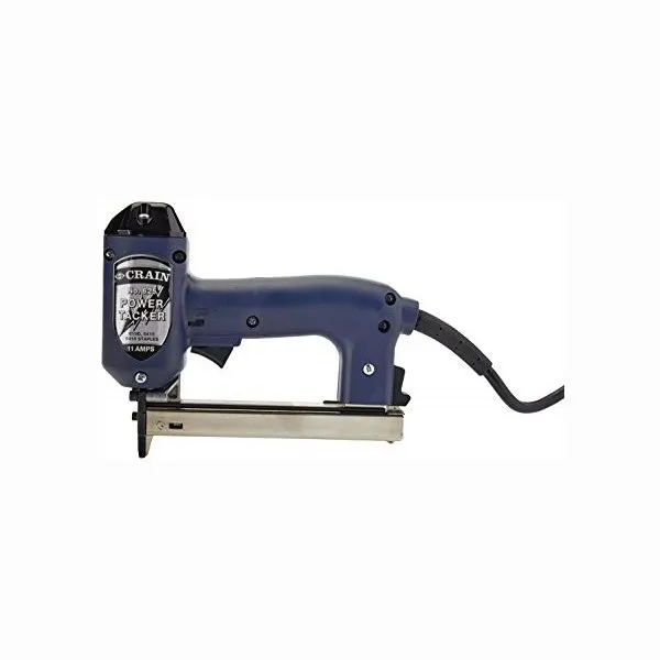 A blue electric stapler with a black handle.