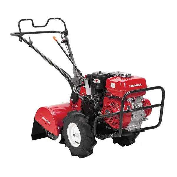 A red and black garden tractor with a handle
