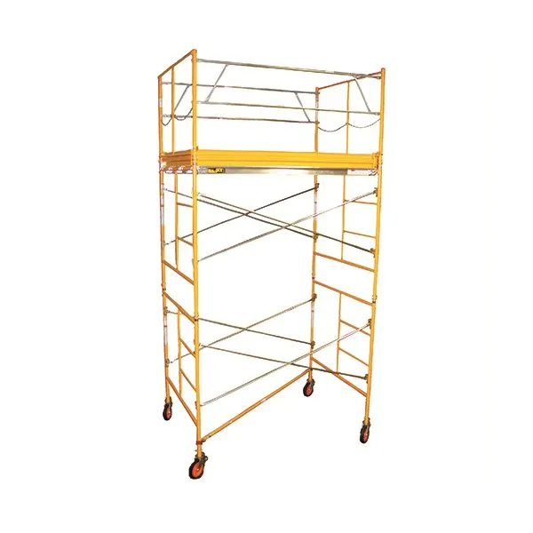 A yellow scaffolding with wheels and two levels.