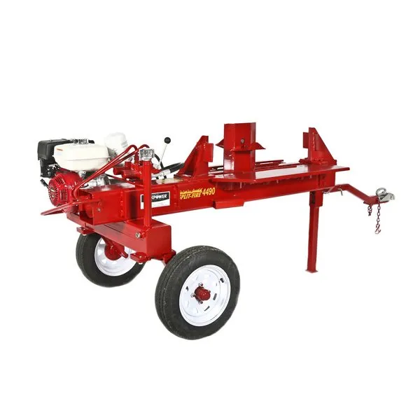 A red log splitter sitting on top of a white ground.