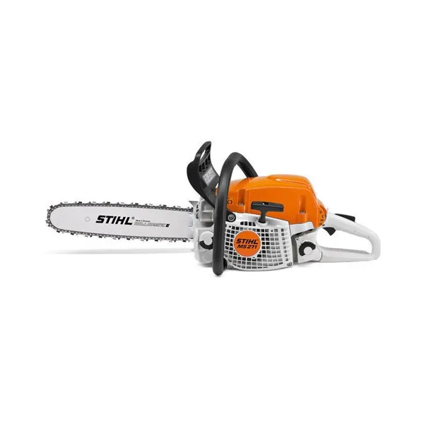 A chain saw is shown with an orange handle.
