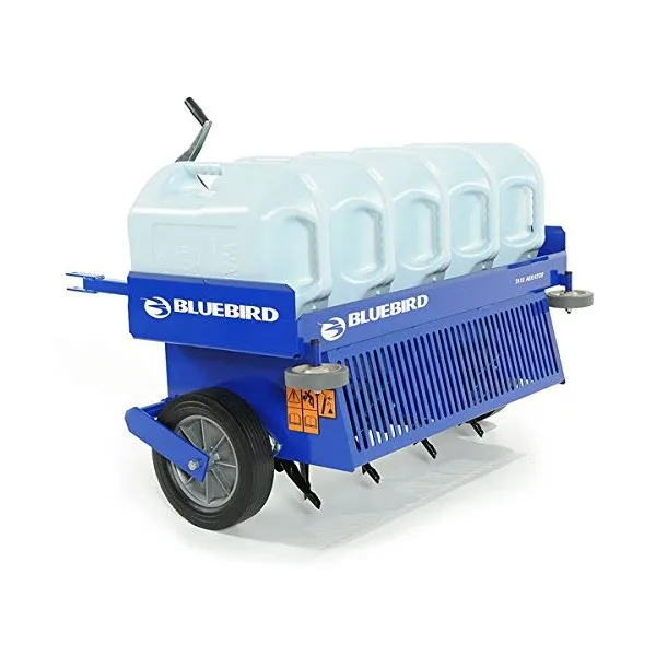 A blue and white cart with six water containers.
