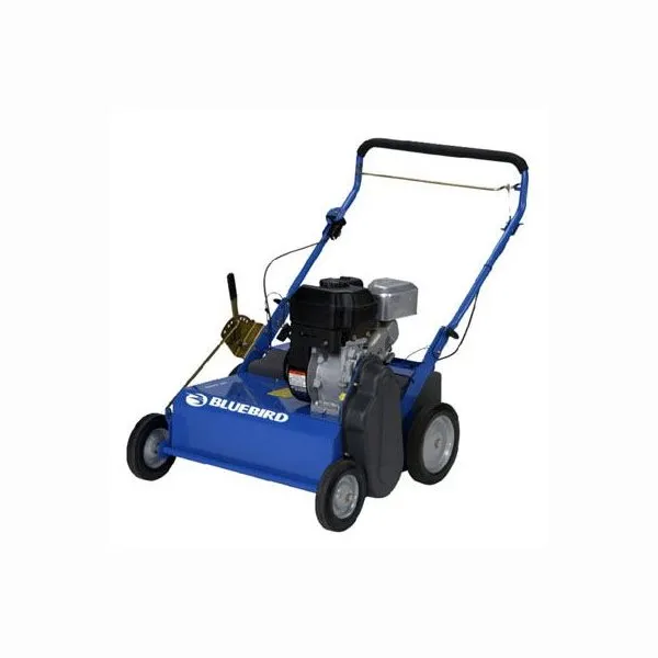 A blue lawn mower with a gas engine.