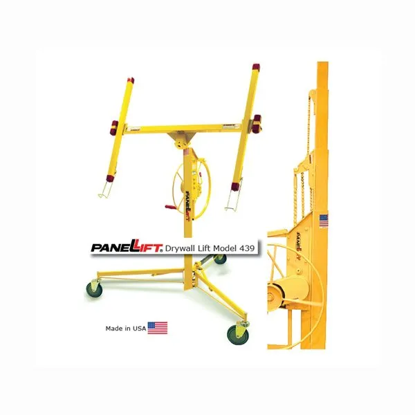 A yellow crane with wheels and a handle.