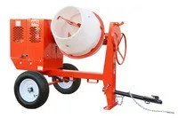 A red and white cement mixer on wheels.