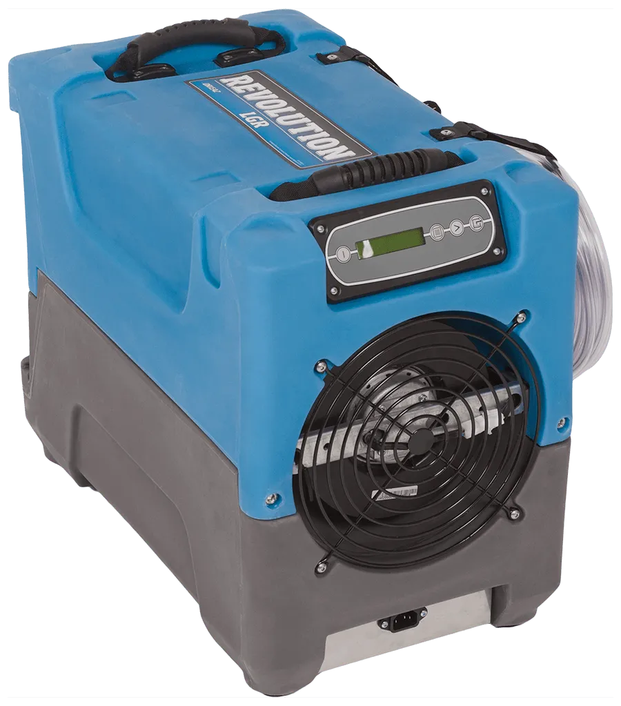A blue and gray machine with a fan on top of it.