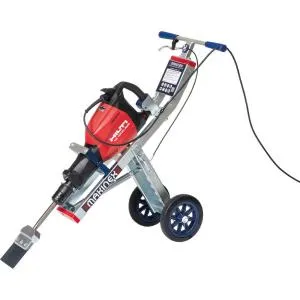 A red and black machine on wheels