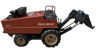 A red tractor with a large wheel and a black handle.