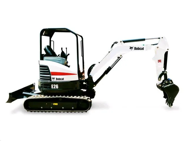 A small white and black tractor with a large white shovel.