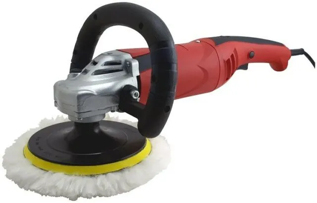 A red and black electric car polisher with a white brush.