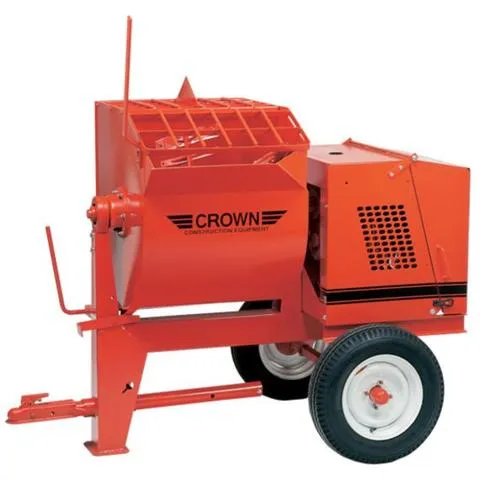 A red crown mortar mixer on wheels.
