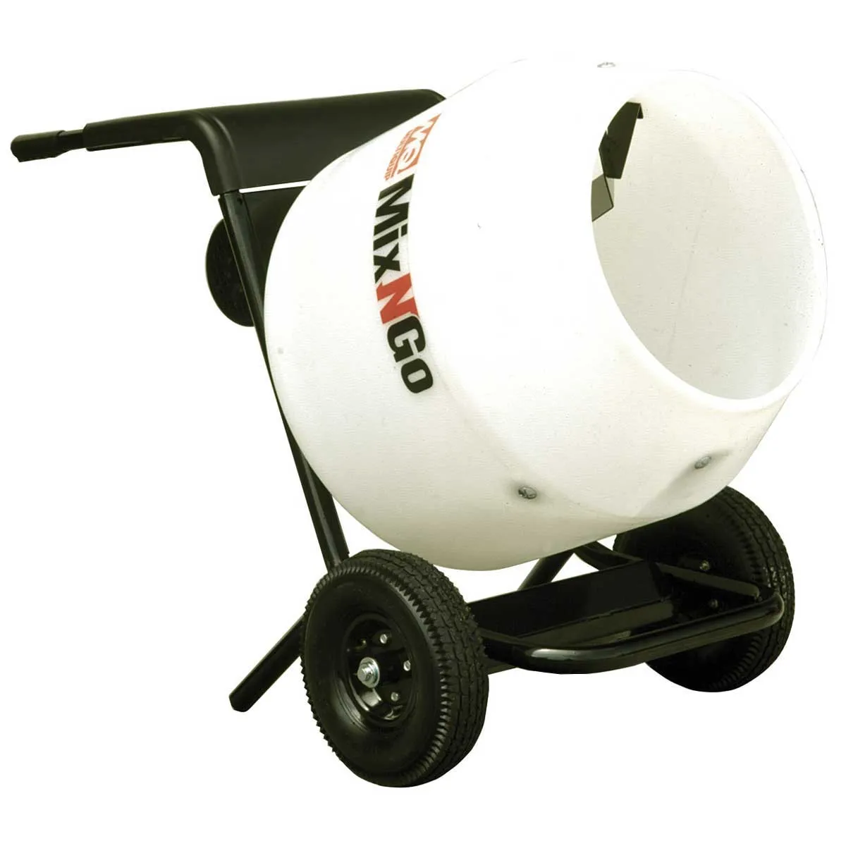 A white cement mixer sitting on top of a cart.