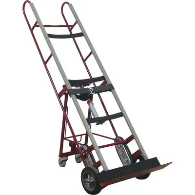 A red and silver hand truck with wheels.