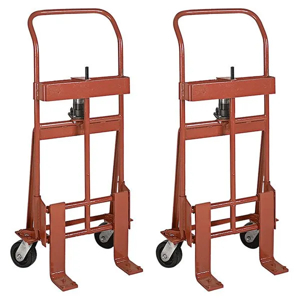 A pair of hand trucks with wheels and handles.