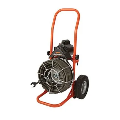 A portable drain cleaner with wheels and handle.