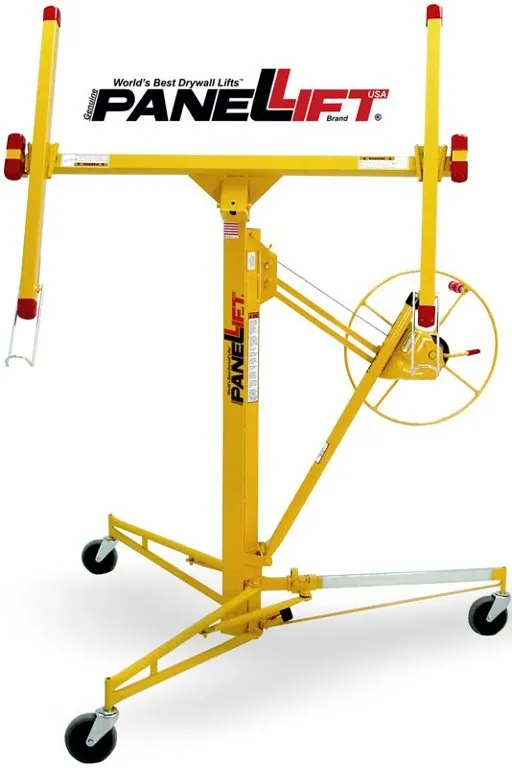 A yellow crane with wheels and handles.