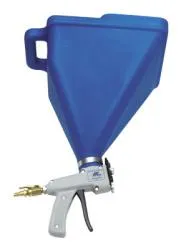 A blue funnel with a spray gun attached to it.
