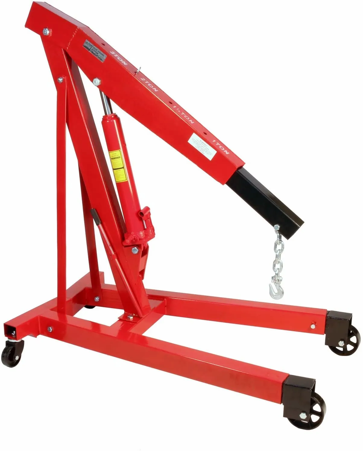 A red crane with wheels and a black handle.