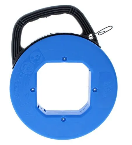 A blue measuring tape with black handle and a square hole.