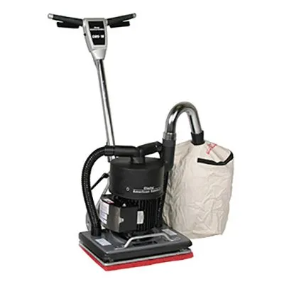 A floor machine with a bag and bucket.