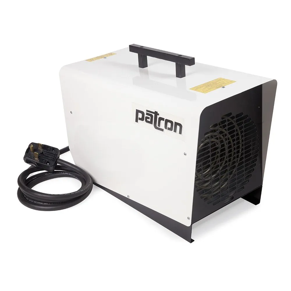 A white and black heater sitting on top of a floor.