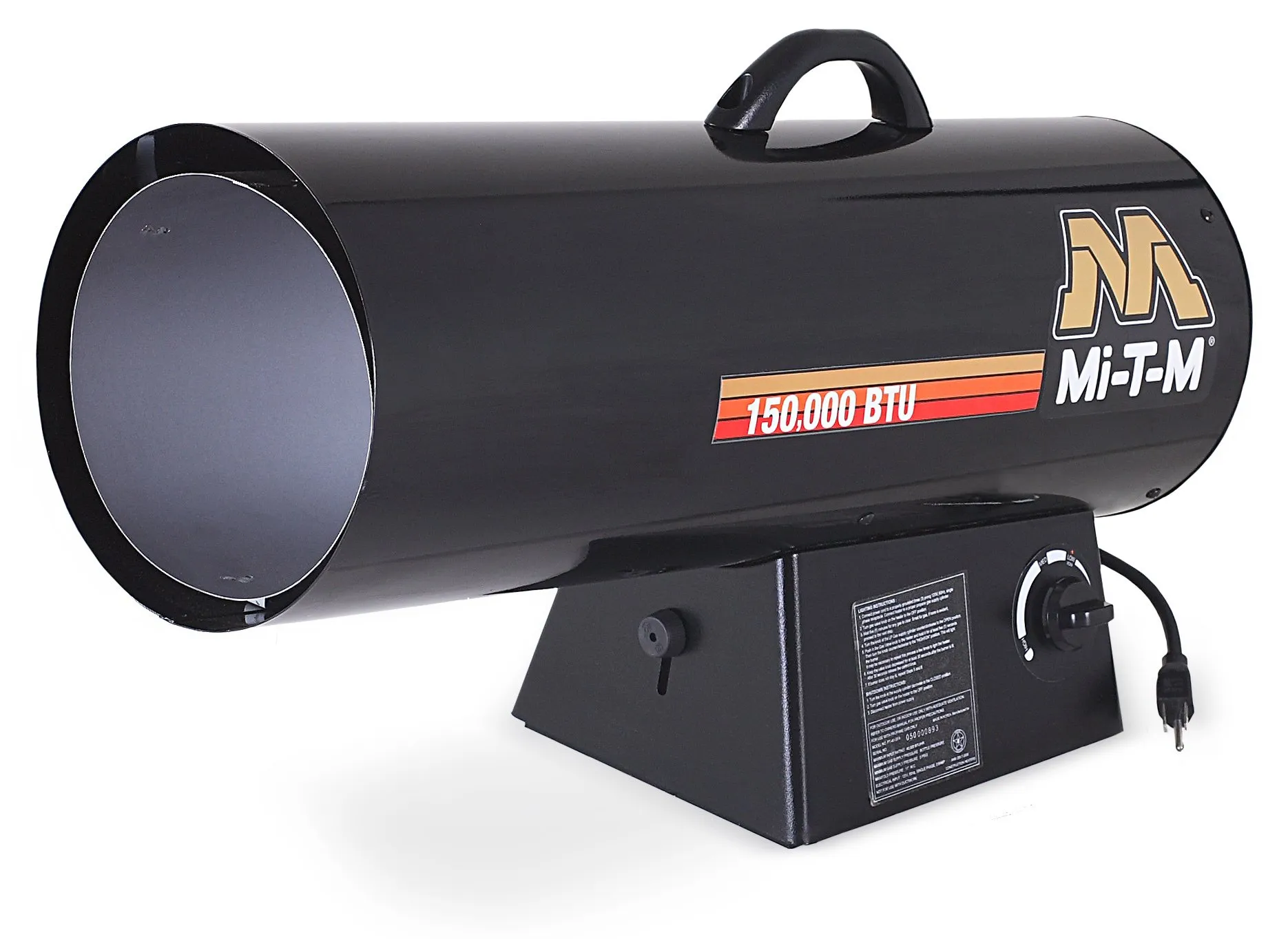 A black and red propane heater sitting on top of a table.