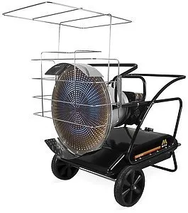 A large fan on wheels with a grill.