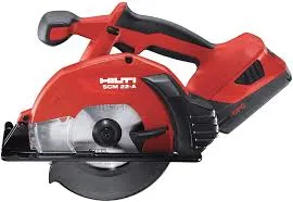 A red circular saw with a black handle and blade.