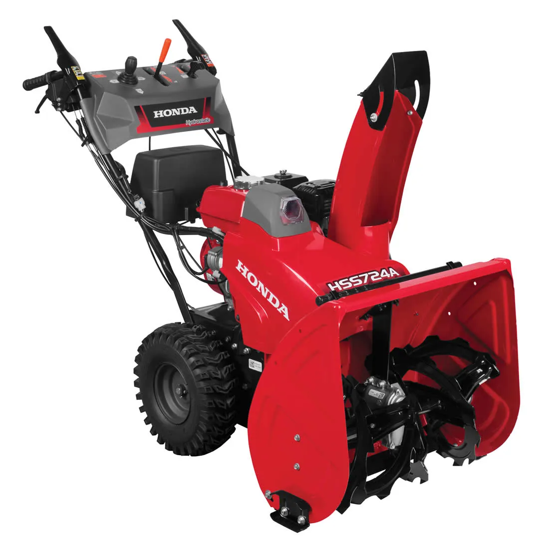 A red snowblower is parked on the ground.