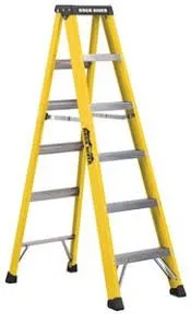A yellow ladder with six steps on it.