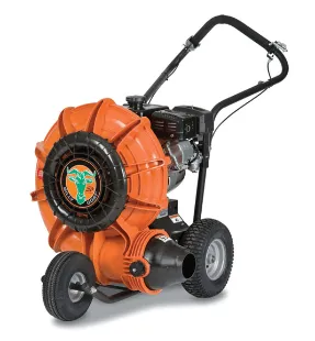 A leaf blower with wheels and handle.
