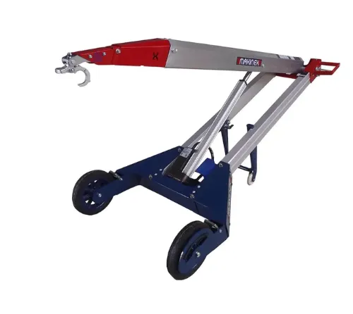 A red and blue crane is on wheels