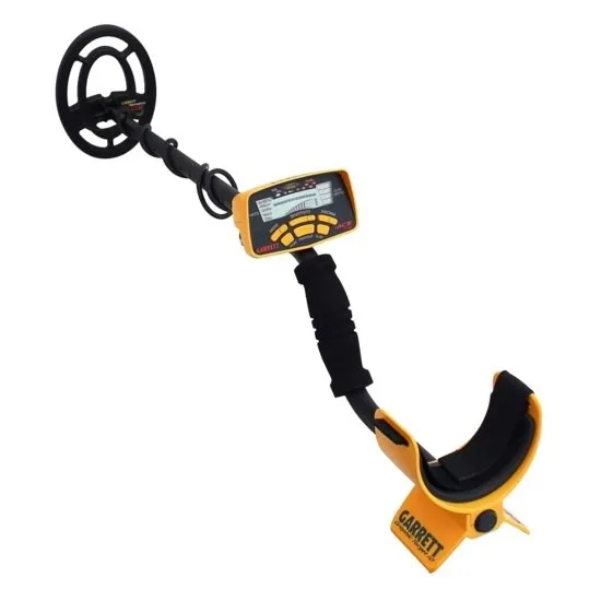 A metal detector with an lcd screen and a black handle.