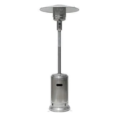 A silver patio heater is standing up against the wall.