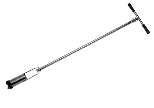 A metal pole with two black handles on it.