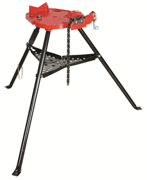 A red and black tripod with chains on it