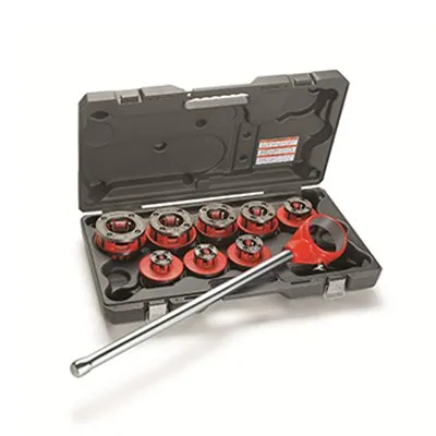 A set of pipe threading tools in a case.