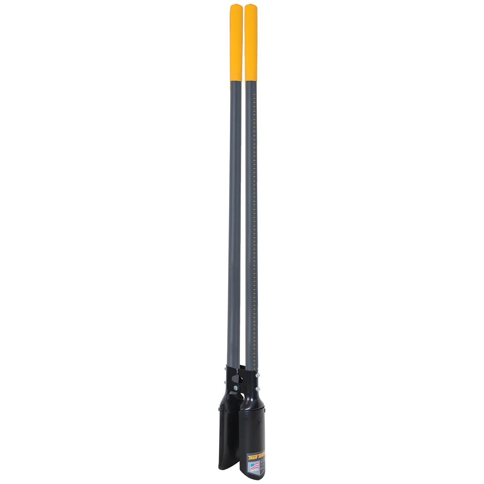 A pair of black and yellow handles on a pole.