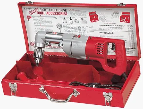 A red tool box with an angle drill in it.
