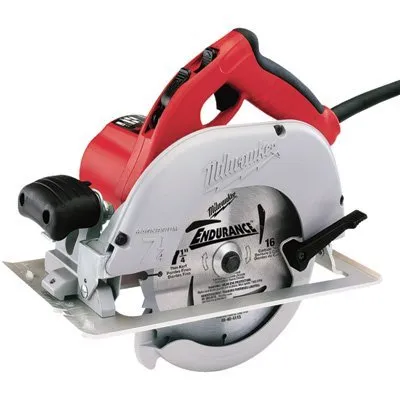 A circular saw with a red handle and a white blade.