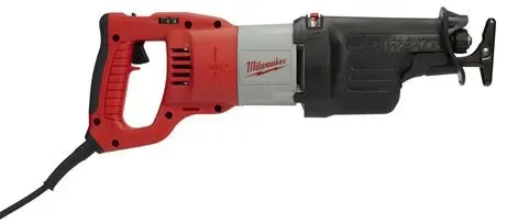 A red and black power tool is on the floor