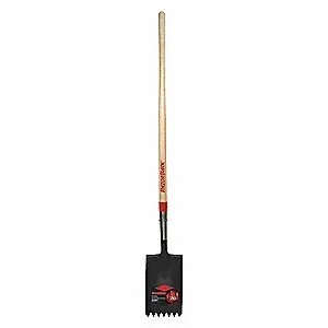 A shovel with wooden handle and red lettering.