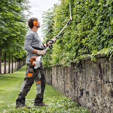 A man trimming a hedge with an electric pole saw.